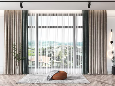 Modern Thick Gray Curtains With White Sheer Panels For Living Room Window View 3d model