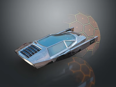 Futuristic Silver Streamlined Craft With Hexagonal Grid Background And Blue Canopy 3d model