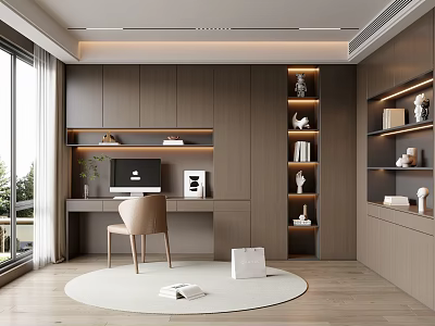 Modern Study Room Interior With Wooden Cabinets Desk And Floor To Ceiling Windows 3d model