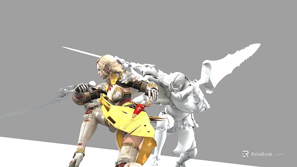 Game Movie Character Female Warrior In Yellow Outfit With Sword And White Companion 3d model 