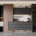 Contemporary Sideboard With Gray Drawers Wooden Cabinets And Marble Backsplash In Modern Kitchen
