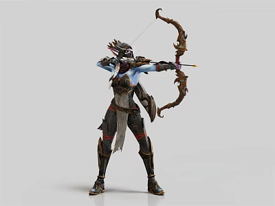 Elven Archer With Blue Skin Wearing Battle Armor Drawing Bow And Arrow Ready To Shoot 3d model