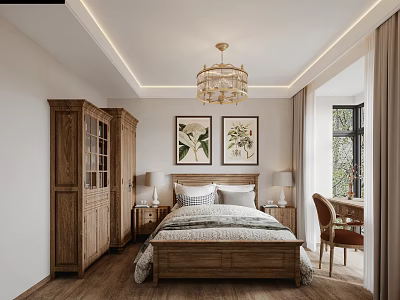 Cozy Bedroom Interior Design With Wooden Wardrobe Bedside Tables Crystal Chandelier And Decorative Paintings 3d model