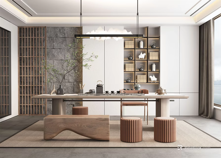 Elegant Modern Tea Room Interior With Wooden Table Tea Set Decorative Shelves And Hanging Lights 3d model 