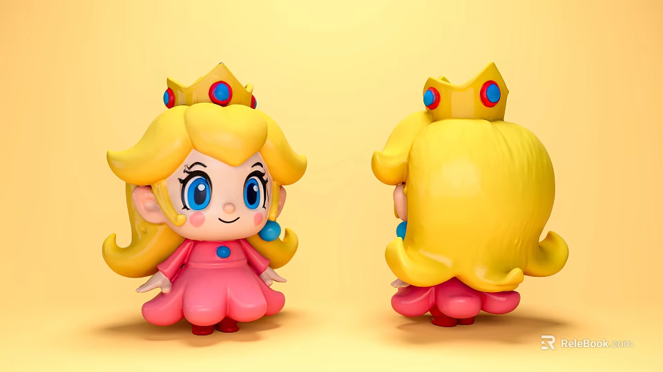 Cute Game Cartoon Character Princess Peach With Blonde Hair Pink Dress Crown Front Back View 3d model 