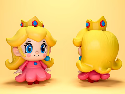 Cute Game Cartoon Character Princess Peach With Blonde Hair Pink Dress Crown Front Back View 3d model