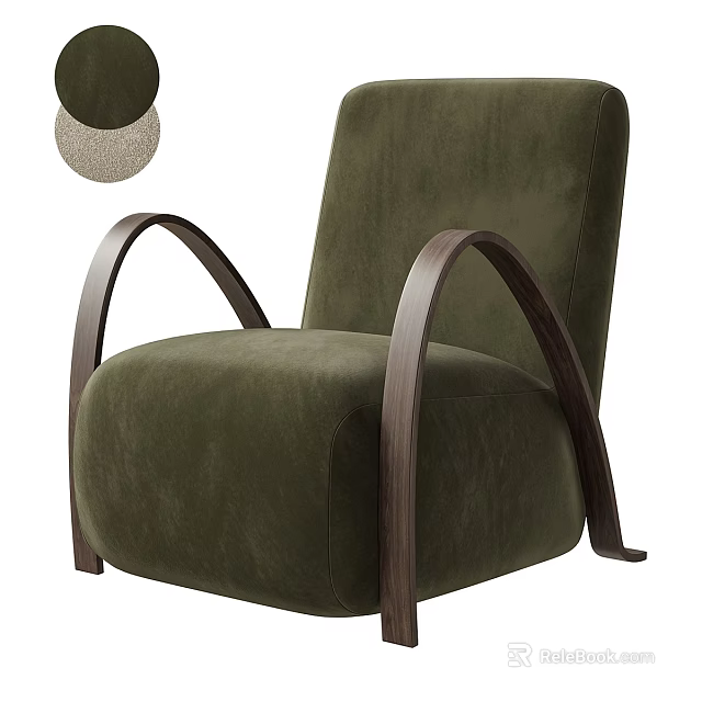 Modern Olive Green Velvet Single Sofa With Curved Walnut Wood Arms Design 3d model 