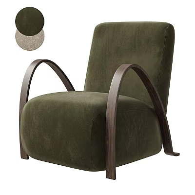 Modern Olive Green Velvet Single Sofa With Curved Walnut Wood Arms Design 3d model