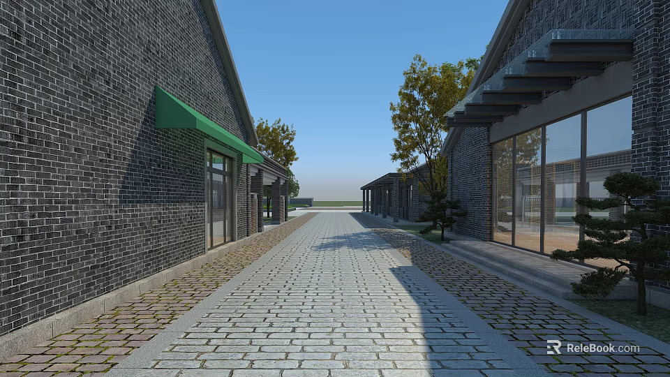 Charming Commercial Street With Brick Buildings Cobblestone Path Green Awnings Trees And Glass Windows Doors 3d model 