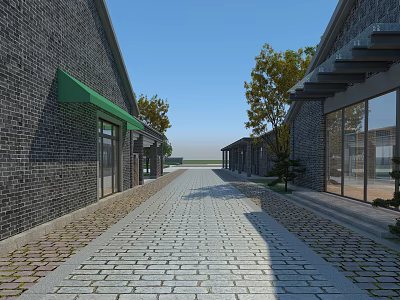 Charming Commercial Street With Brick Buildings Cobblestone Path Green Awnings Trees And Glass Windows Doors 3d model