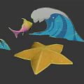 Colorful Ocean Themed Decor Elements With Blue Wave Yellow Starfish And Fish
