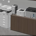 Organized Office Equipment Area With Wooden Cabinets Filing Cabinets Printers And Sticky Notes
