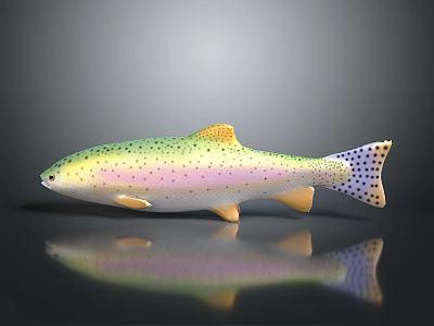 Colorful Spotted Rainbow Trout Fish With Yellow Fins On Dark Surface 3d model