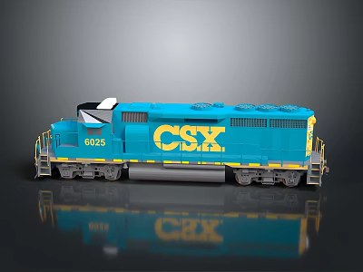 Blue CSX Train Locomotive Model 6025 on Gray Reflective Surface 3d model