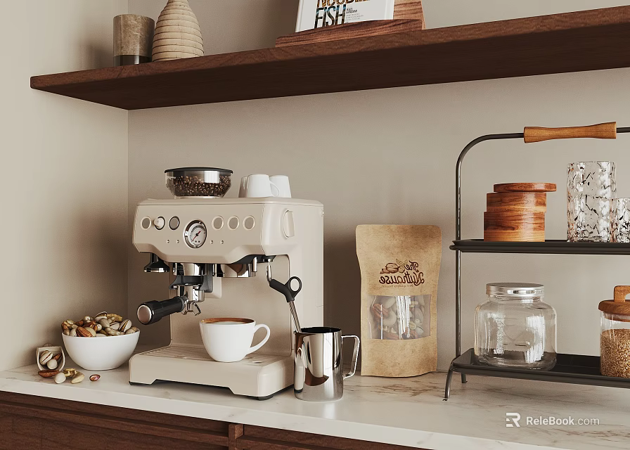 Kitchen Countertop With Coffee Machine Cup Milk Frother Storage Containers And Wooden Shelf 3d model 