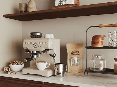 Kitchen Countertop With Coffee Machine Cup Milk Frother Storage Containers And Wooden Shelf 3d model