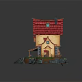 Whimsical Cartoon Scene With Colorful House Red Roof Yellow Walls Blue Water Island And Boat
