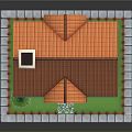 Small House with Orange Roof Chimney White Walls Red Door Red Fence and Green Tree