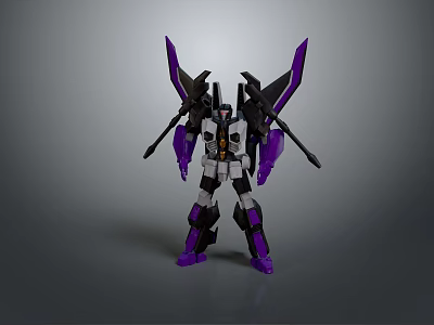 Purple and Black Transformer Toy with White Accents Mechanical Wings and Weapons in Standing Pose 3d model