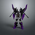 Purple and Black Transformer Toy with White Accents Mechanical Wings and Weapons in Standing Pose