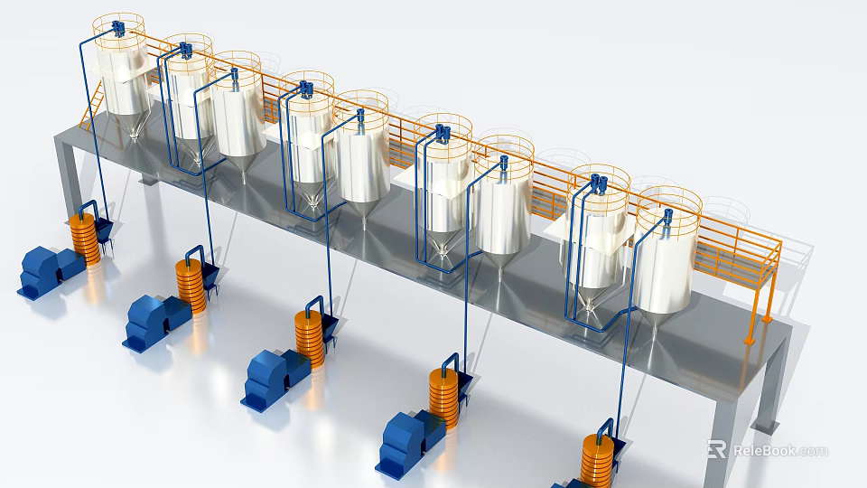 Industrial Equipment Production Line With Large Storage Tanks Blue Machinery And Orange Components 3d model 