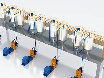 Industrial Equipment Production Line With Large Storage Tanks Blue Machinery And Orange Components 3d model
