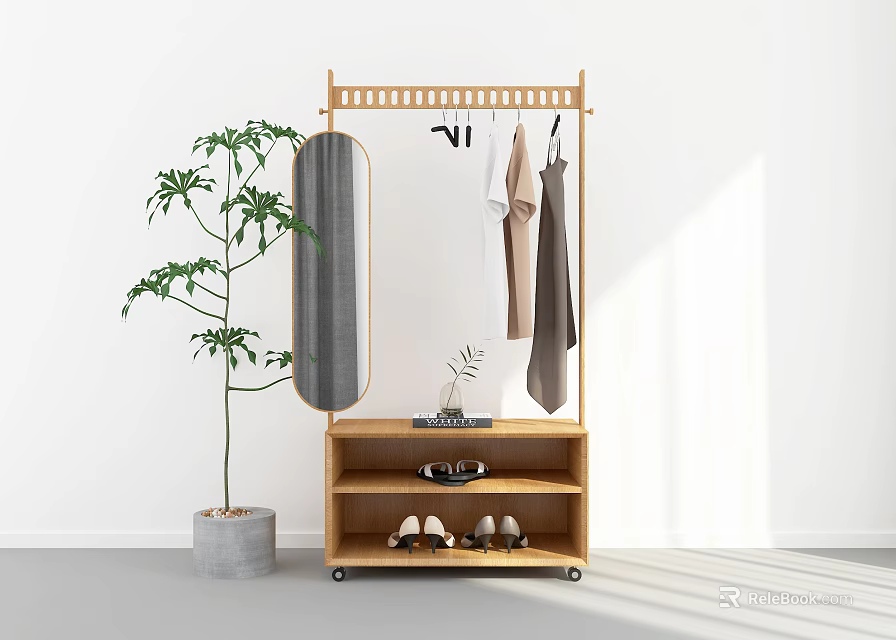 Wooden Clothes Rack with Hanging Rod Mirror Storage Cabinet and Potted Plant 3d model 