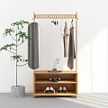 Wooden Clothes Rack with Hanging Rod Mirror Storage Cabinet and Potted Plant