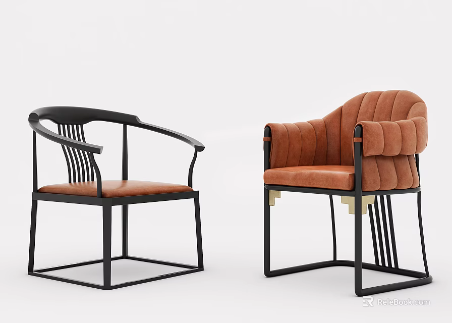 Stylish Modern Dining Chairs With Black Metal Frames And Brown Upholstered Seats 3d model 