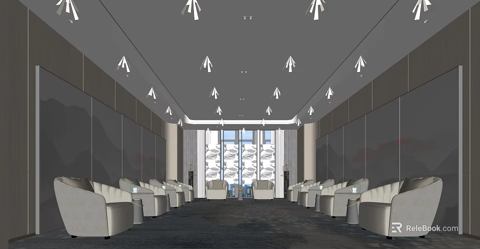 Modern Elegant Hotel Public Lounge Area Interior With Comfortable Sofas Stylish Chandeliers And Large Windows 3d model 