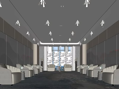 Modern Elegant Hotel Public Lounge Area Interior With Comfortable Sofas Stylish Chandeliers And Large Windows 3d model