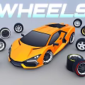 Orange Sports Car Surrounded by Various Stylish Wheels and Wheel
