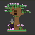 Lego Tree With Green Leaves Pink Flowers And A Small Figure Sitting Under It