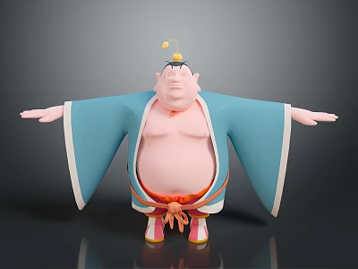 Cartoon Sumo Character In Blue Kimono With Red Obi And Yellow Head Ornament Arms Outstretched 3d model