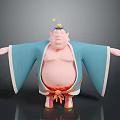 Cartoon Sumo Character In Blue Kimono With Red Obi And Yellow Head Ornament Arms Outstretched