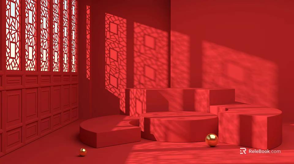 Red Interior Scene Featuring Carved Screens Stepped Platforms Golden Spheres And Light Shadows 3d model 
