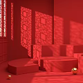 Red Interior Scene Featuring Carved Screens Stepped Platforms Golden Spheres And Light Shadows