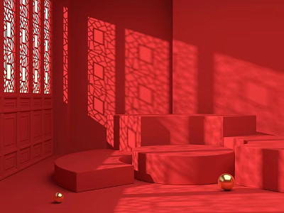Red Interior Scene Featuring Carved Screens Stepped Platforms Golden Spheres And Light Shadows 3d model