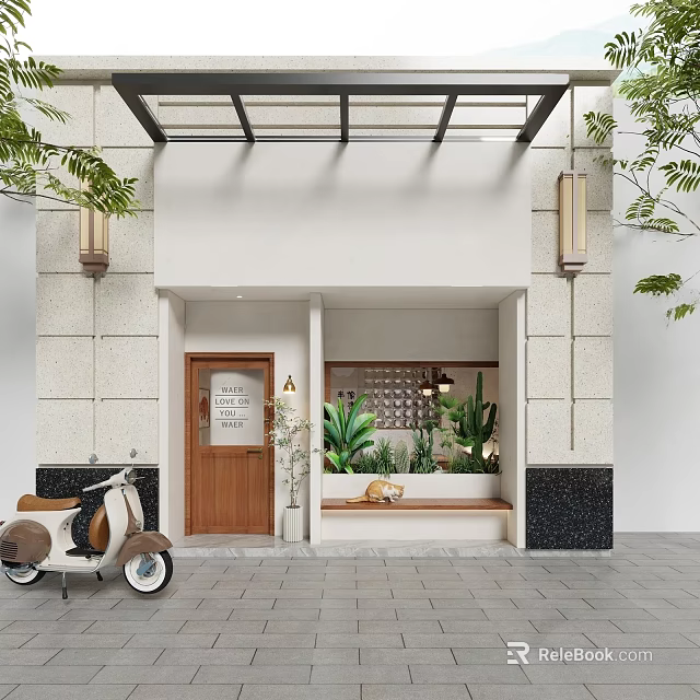 Modern Storefront With Wooden Door Glass Canopy Stone Wall Wall Lamps And Front Plants 3d model 