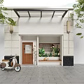 Modern Storefront With Wooden Door Glass Canopy Stone Wall Wall Lamps And Front Plants