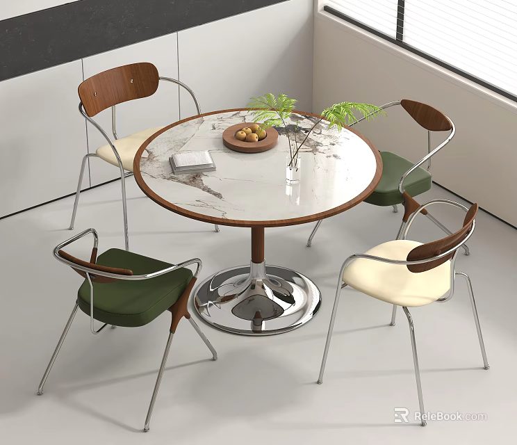 Round Meeting Table and Chairs With Marble Tabletop Wooden Backrests Metal Legs Green Beige Seats 3d model 