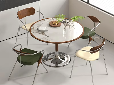 Round Meeting Table and Chairs With Marble Tabletop Wooden Backrests Metal Legs Green Beige Seats 3d model