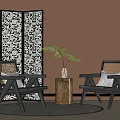 Rattan Casual Chair Screen Log Corner Low Stool 3d model
