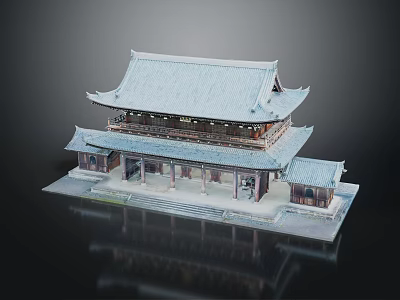 Cartoon Scene of Traditional Chinese Two Story Building With Blue Roof Eaves Columns Pedestal and Reflection 3d model