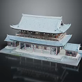 Cartoon Scene of Traditional Chinese Two Story Building With Blue Roof Eaves Columns Pedestal and Reflection