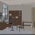 Medical Office Interior With Wooden Desk Computer Bookshelf Examination Bed And Sink