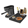 Modern Kitchen Coffee Machine with Coffee Cups Croissants Muffin and Bean Bags on Tray