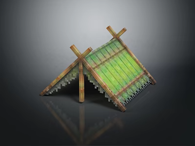 Traditional Outdoor Camping Tent With Crossed Bamboo Poles And Green Canopy Design 3d model