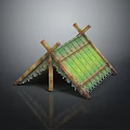 Traditional Outdoor Camping Tent With Crossed Bamboo Poles And Green Canopy Design