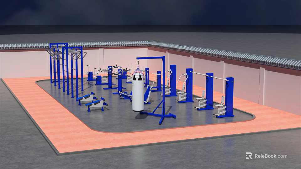 Outdoor Fitness Area With Blue Parallel Bars Punching Bag And Exercise Benches 3d model 